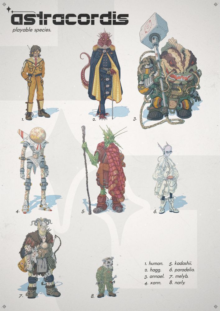 Poster-style illustration showing eight different alien species agains a white background. The title of the game and the name of each one can also be seen.