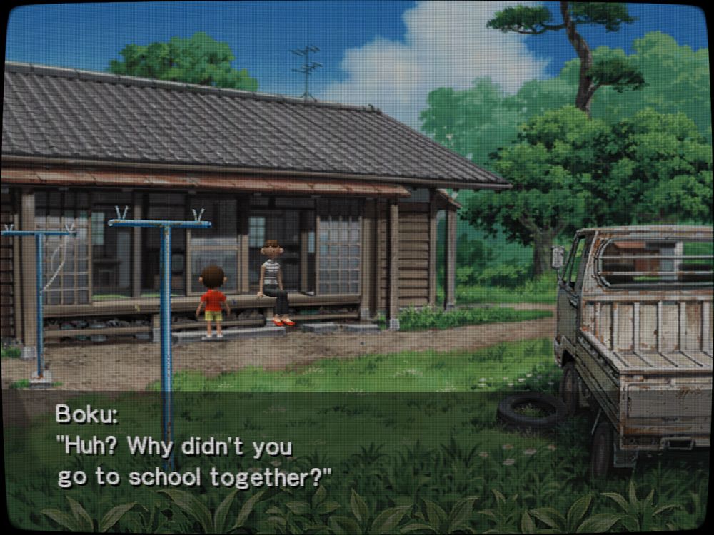 Screenshot of Boku no Natsuyasumi 2, showing Boku talking to Yasuko.
