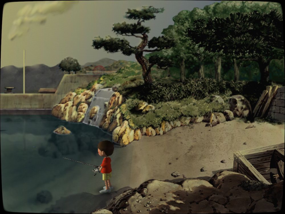 Screenshot of Boku no Natsuyasumi 2, showing Boku fishing on that small beach.