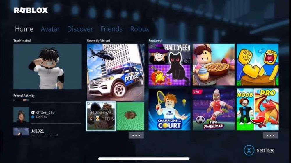 The older Xbox UI, codenamed Durango, which had a blue theme and a tiled Windows 8-like UI. The UI had a theme song, sound effects and an animated background that rotated between 3 real .rblx files: one of a city, one of space, and one of a volcano. The UI was specially designed specifically for the Xbox One back in 2015, when development on an Xbox version of Roblox started. The UI was specially optimized for the Xbox One, meaning it ran faster and smoother. Pictured is the final version of the Durango UI before it was replaced by the Universal UI.