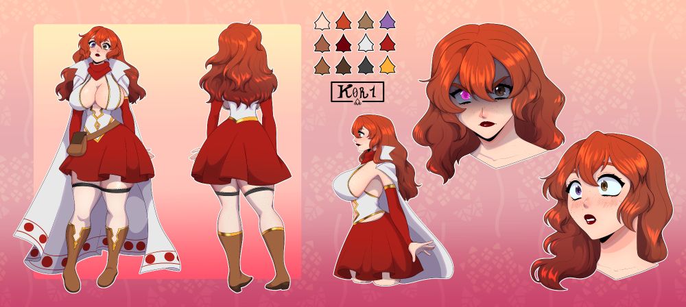 Ref sheet for Runia Da Witch, showing her from the front, back, and side with two emotion busts, one angry with a glowing purple eye and one of her shocked. She has pale skin adorned with freckles across her body; long, curly auburn hair which almost reaches the small of her back; heterochromia eyes with her right eye being brown while her left eye is violet; she sports a slender hourglass figure. Her clothing consists of a white top with an open front that modestly covers her chest, a red scarf around her neck, a long white cape with red circles in a row between two thin red lines hemming it, a red short skirt just short of her white thigh highs tipped with black. She also wears knee high light brown boots with a short heel, along with red fingerless long-sleeved gloves reaching beyond her elbow.