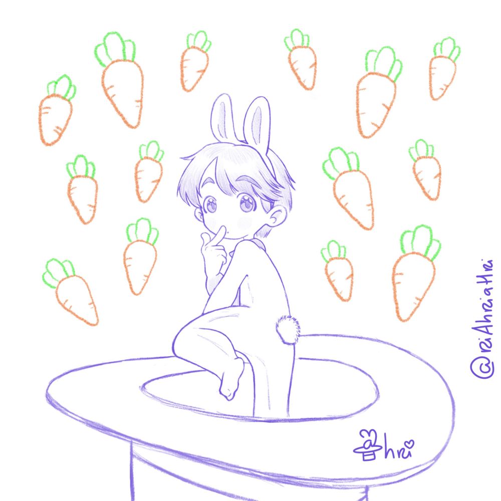 Fanart featuring Jungkook from the band BTS. It's a sketch style illustration of chibi Jungkook in a bunny onesie, with a bunny ears hairband, climbing out of a magic hat, with carrots doodled in the background.
Chibi magic hat bunny Jungkook is looking cutely over his shoulder, with a finger on his lip.
