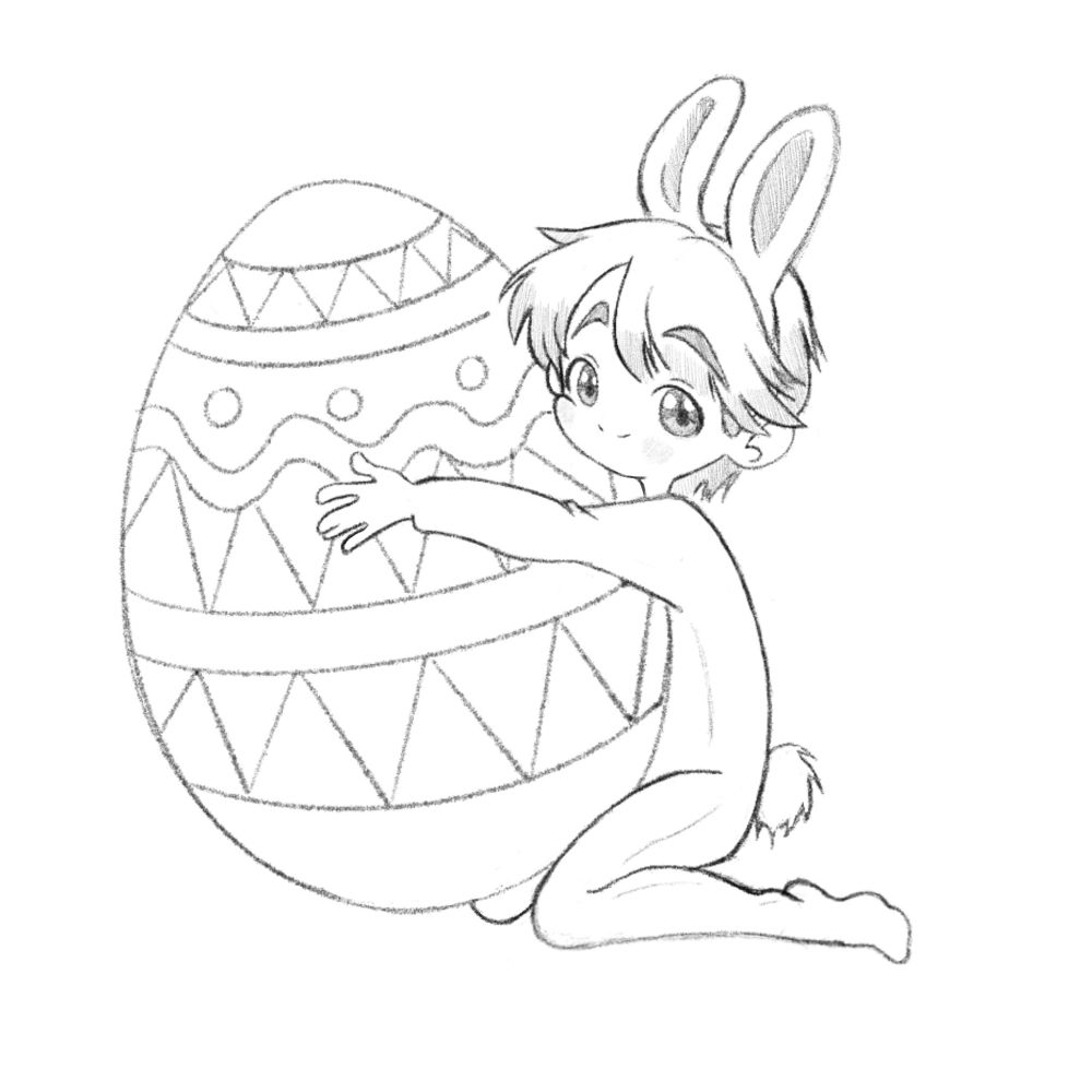 fanart featuring Jungkook from the band BTS in a chibi/shoujo manga style. Jungkook is in a bunny onesie, and wearing a bunny headband. He is holding an easter egg that's his size. if you celebrate it, happy easter 🐰💖