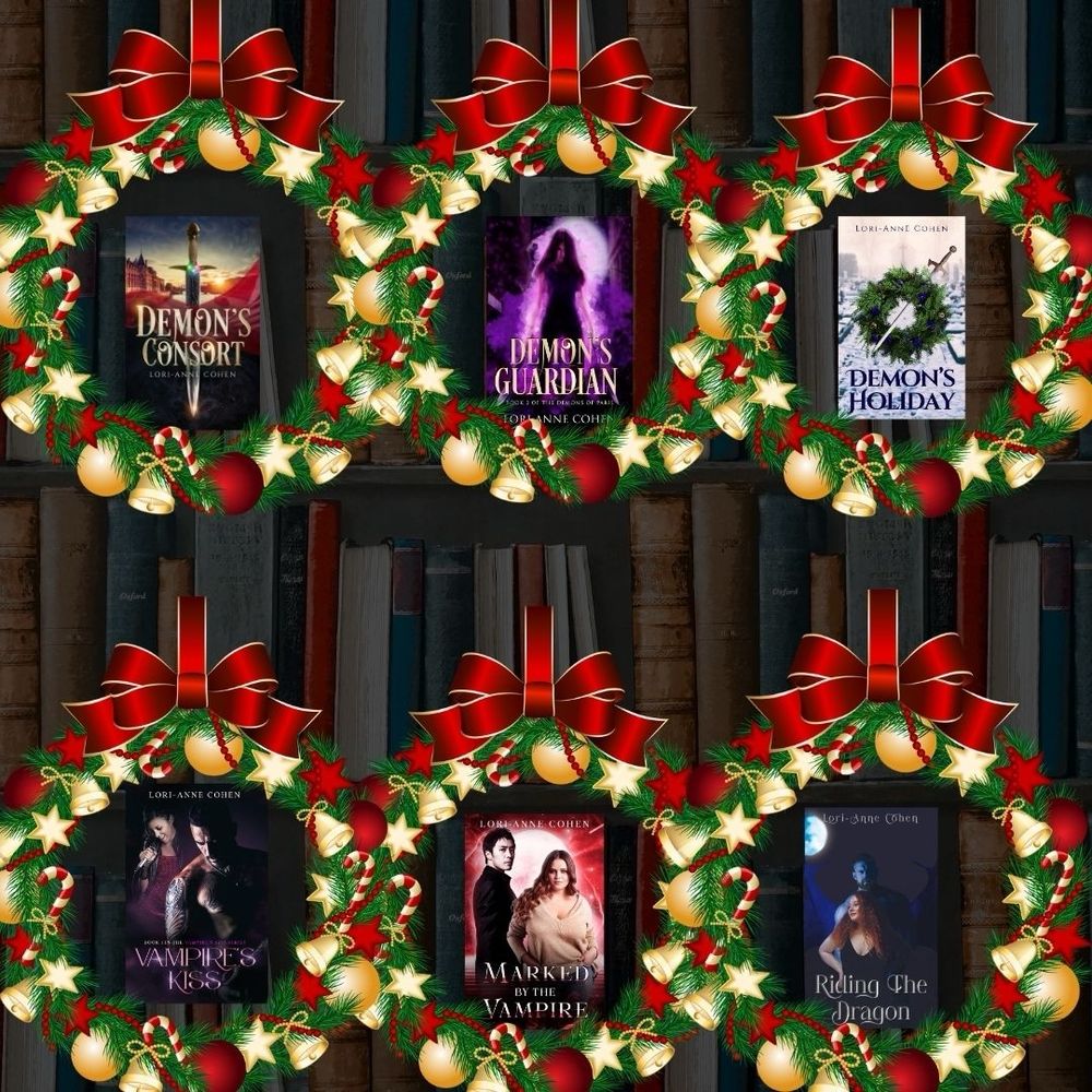 Image shows the background of bookshelves. In the foreground are 6 Christmas wreaths. And inside each wreath is a book cover.