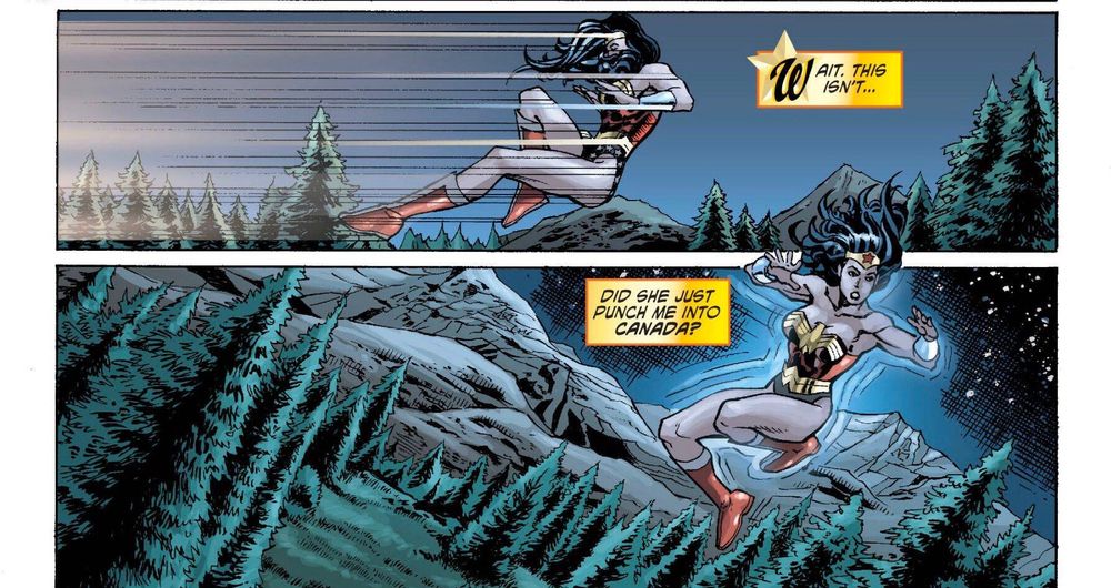 Wonder Woman is flying backwards. The top panel says "Wait, This isn't..." the bottom panel she's looking around "Did she just punch me into Canada?" Power Girl punched Wonder Woman into Canada! lol : By Gail Simone