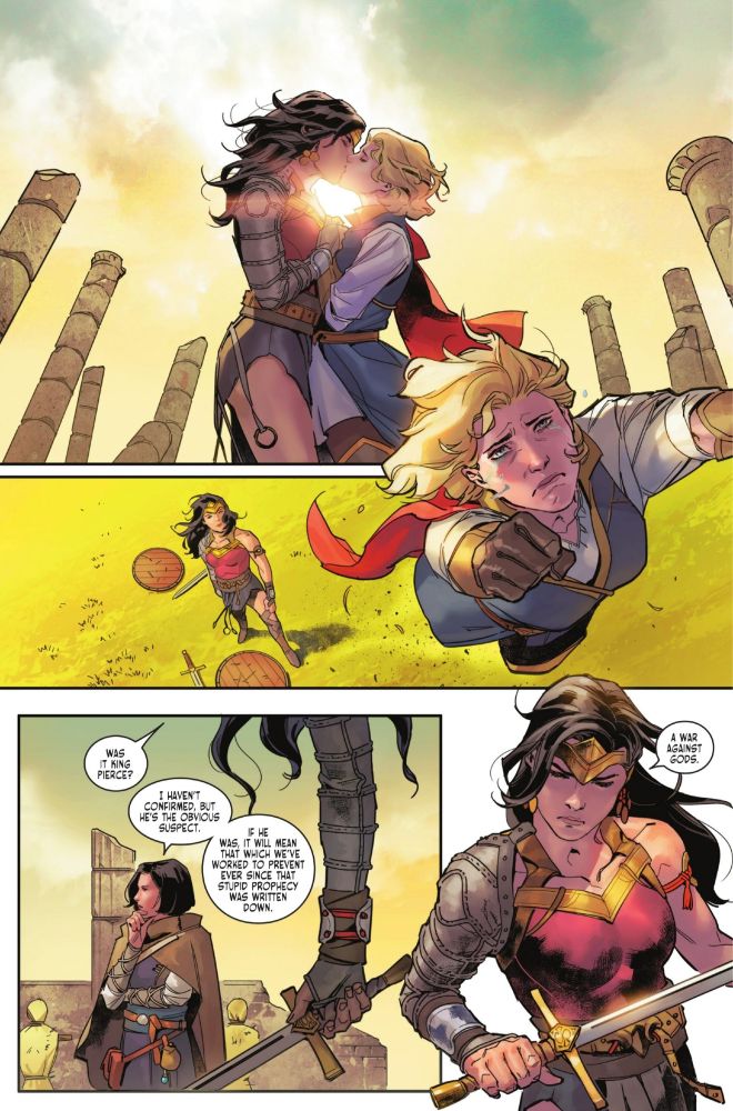 Zala Jor El (this universe's supergirl) and Wonder Woman Kissing in the top panel. Then Zala flies off crying because her dad was killed.  From Dark Knights of Steel by Tom Taylor