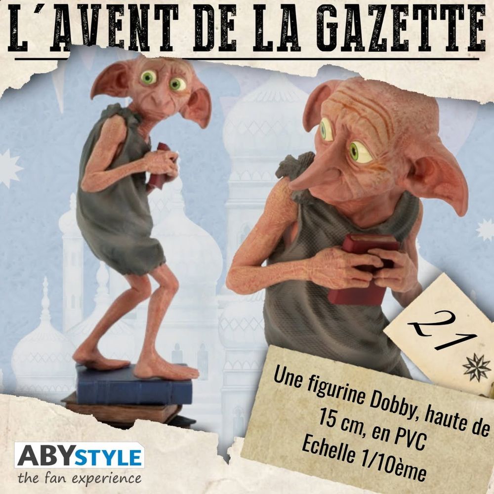 Visuel du jour 21 du Calendrier de l’Avent de la Gazette du Sorcier. Le lot du jour est une figurine de Dobby l’elfe de maison, à l’échelle 1/10, soit 15 cm de haut, offerte par ABYstyle. 