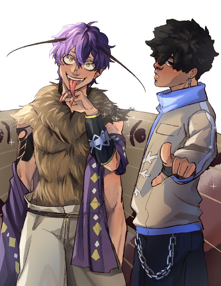 A man with Black Witch moth traits, dual-colored purple hair, and tanned skin next to a darker-skinned man with black hair and chain accessories.