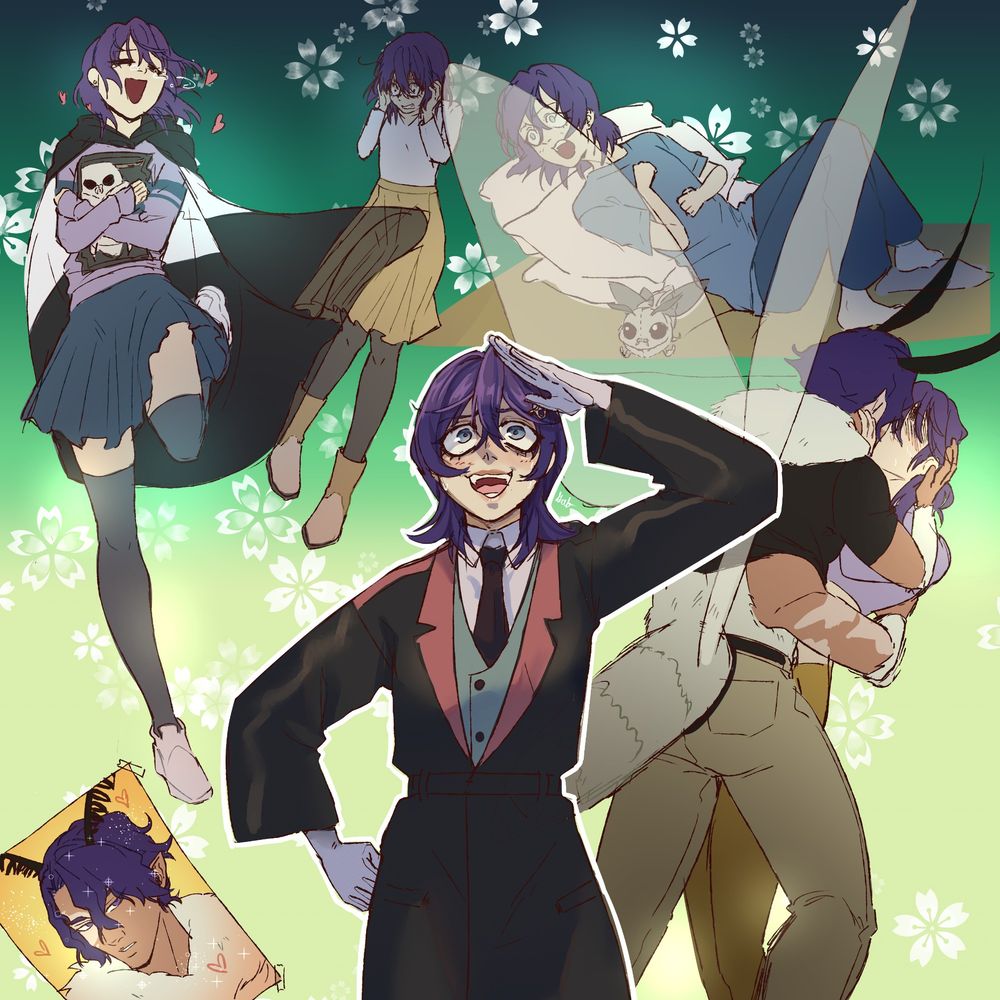 A girl with purple hair going through different emotions.