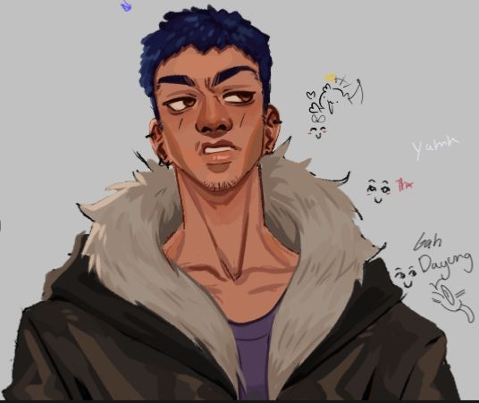 A tan skinned man with a scowl on his face. He wears a leather coat with fur around the hood. He has very short, coily, blue hair and the small presence of a beard.