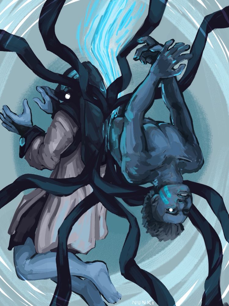 painting of Orin the Lost from Destiny 2, pictured emerging from the back of Orin the Emissary of the Nine, who shares her form. 