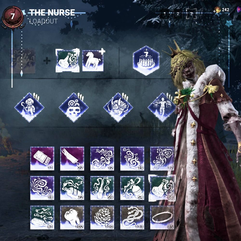 A Dead by Daylight screenshot with the killer 'The Nurse' on the right side and pictured are custom created DBD Icons that cover perks, offerings, and add ons. It's a dark purple/bluish themed set with soft white snow and snowflakes with cute tiny white lights bordering the icons.