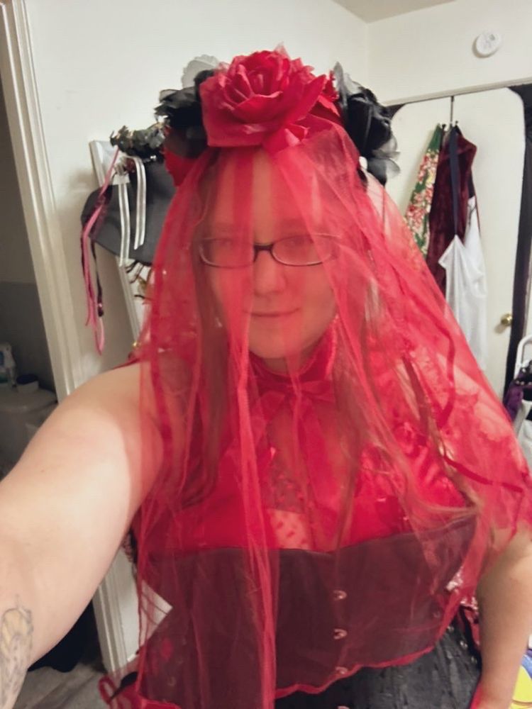 Red sleeveless dress with mesh chest overlay, black corset, red veils with black and red roses