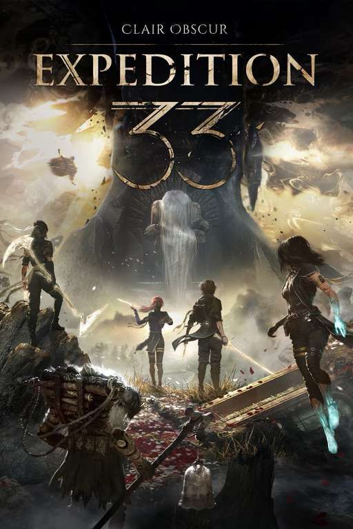 Jaquette du jeu vidéo « Clair Obscur : Expedition 33 ». On y voit 5 protagonistes (qui semblent être les héros de l’aventure) observant une entité géante (la Peintresse) trônant devant un monolithe géant sur lequel est inscrit le nombre 33. 