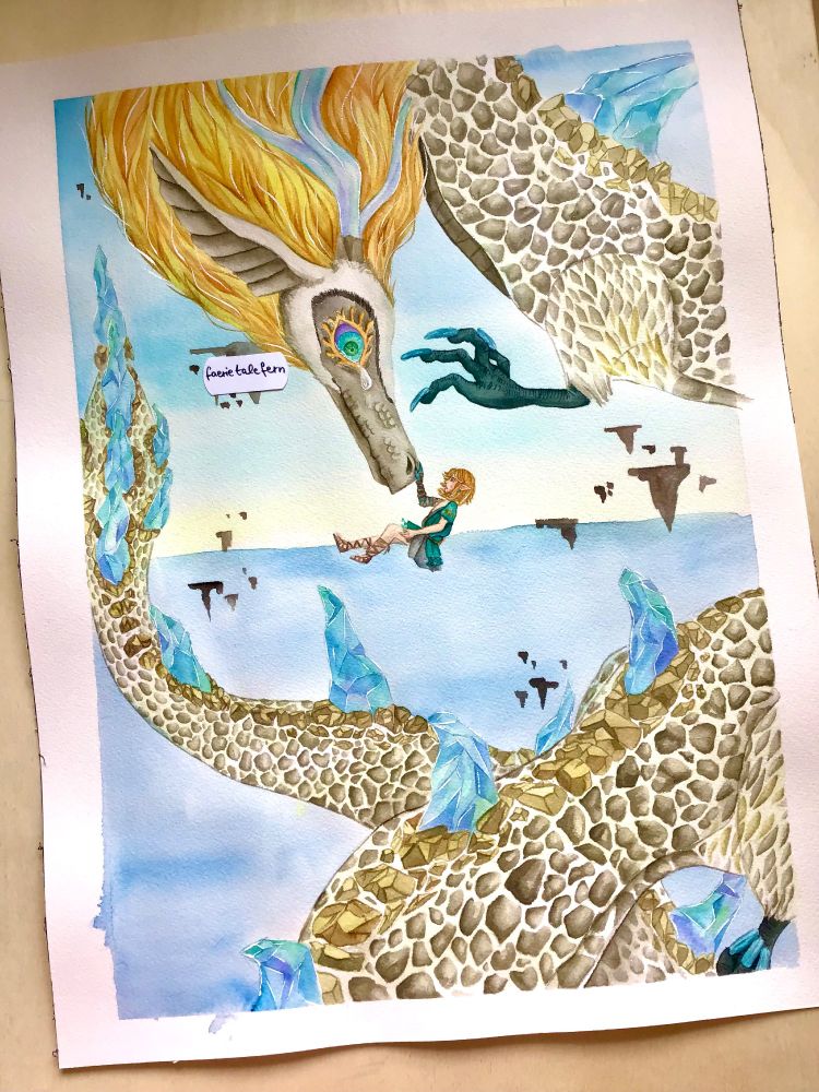 Link is floating mid-air, reaching his hand towards a dragon. The dragon is circling around him, with a tear in its eye.