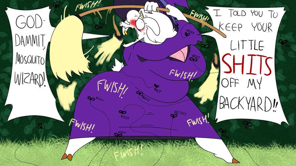 An angry Basil violently swatting a bunch of mosquitoes with a broom, cursing out her neighbor, the Mosquito Wizard for letting them loose in her backyard.