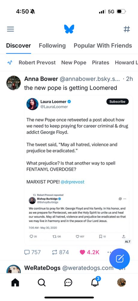Screenshot of a post from “that other platform” where a person famous for trolling and taking alternative controversial viewpoints proceeds to insult a man who has spent decades serving the poor and not seeking any spotlight of his own. I don’t want to say her name, but she’s rumored to be close to the current president. She is complaining that the man just appointed pope retweeted another bishop’s post praying for peace after the death of George Floyd. 