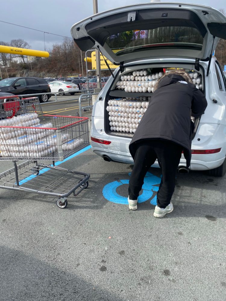 A minivan in a Costco parking lot filled to the top with eggs and a cart next to it also filled with eggs. 