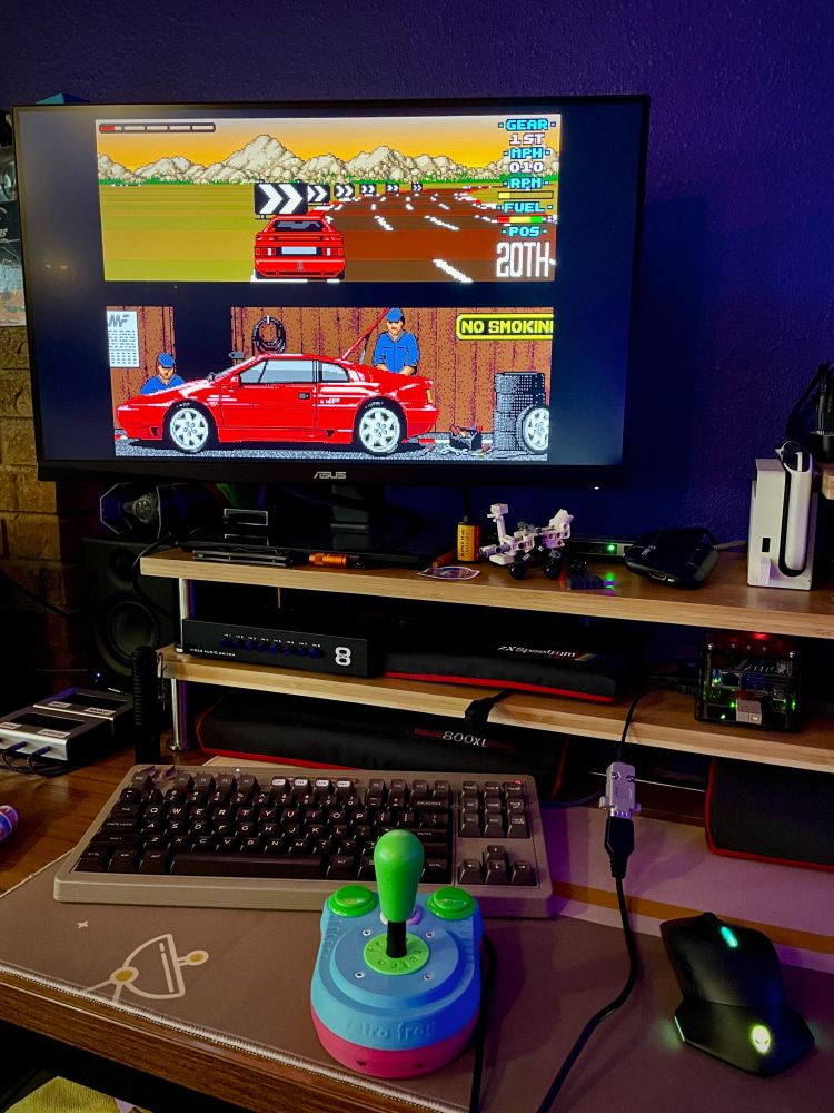 MiSTer FPGA running Lotus Turbo Challenge on the Amiga Core. Testing a Retro Frog Joystick