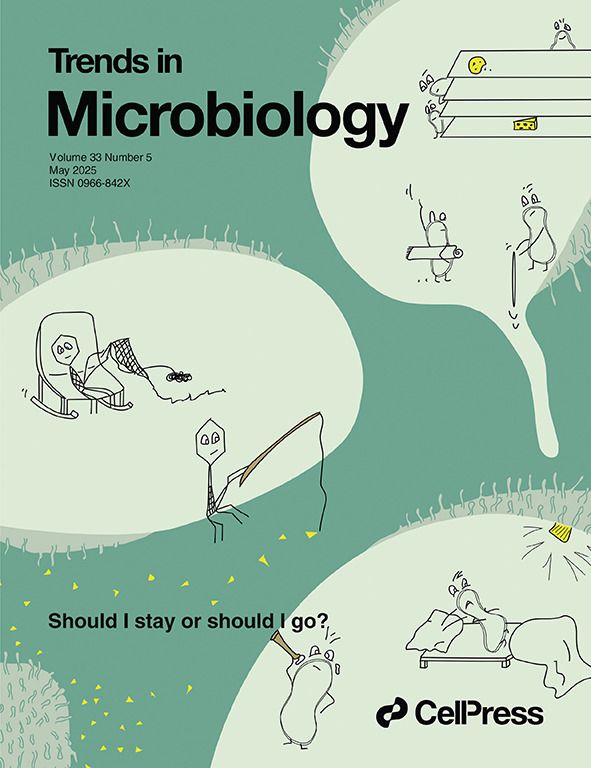 The cover of the May issue of Trends in Microbiology, featuring several cells with cartoon figures of phages and plasmids listening to environmental cues, e.g. by fishing for signaling molecules outside their host or staring at an empty pantry shelf.