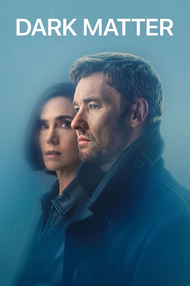 Affiche de la serie Dark Matter, le couple des héros de profil avec inscrit en blanc en dessus d’eux "Dark Matter".