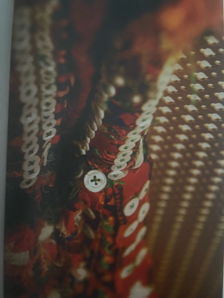 White shell buttons used instead of expensive cowrie shells.