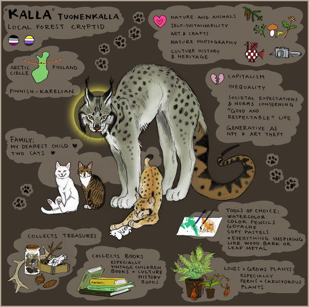 Info sheet of artist "Kalla" Tuonenkalla. On a brown background, featuring a drawing of their fursona that is a grey-colored lynx with brown snake tail. Includes drawings of their child as a baby lynx and their two cats.
Info texts read: Asexual. Nonbinary. They're located in the northern Finland, and are Finnish-Karelian. Their family consists of a child and two cats. As a hobby they collect treasures from the nature, collect books and grow plants. Their tools of choice are different traditional media like watercolors, color pencils, gouache and soft pastels. Kalla's likes are: Nature and animals, self-sustainability, arts & crafts, photography, culture history. Kalla's dislikes are: Capitalism, inequality, societal expectations of "good and respectable" life, generative AI, NFT & art theft.