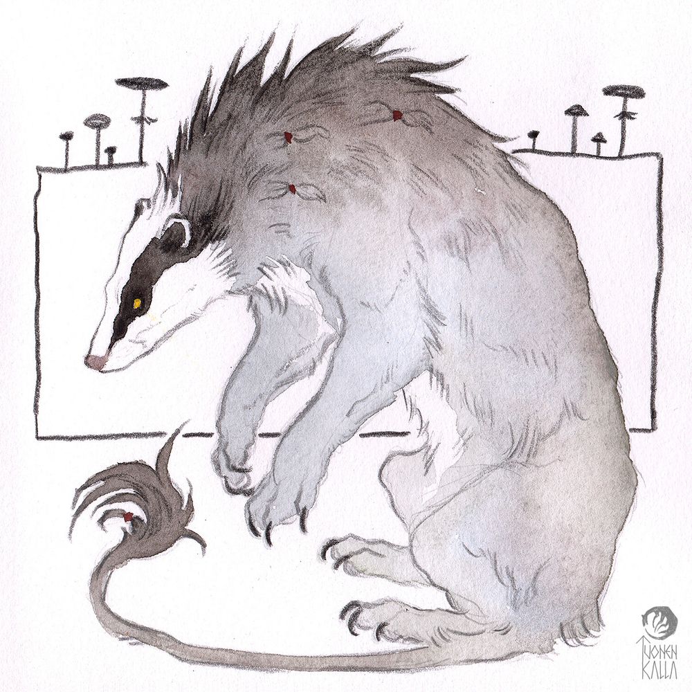 Traditionally drawn and painted artwork depicting a badger-like troll character.