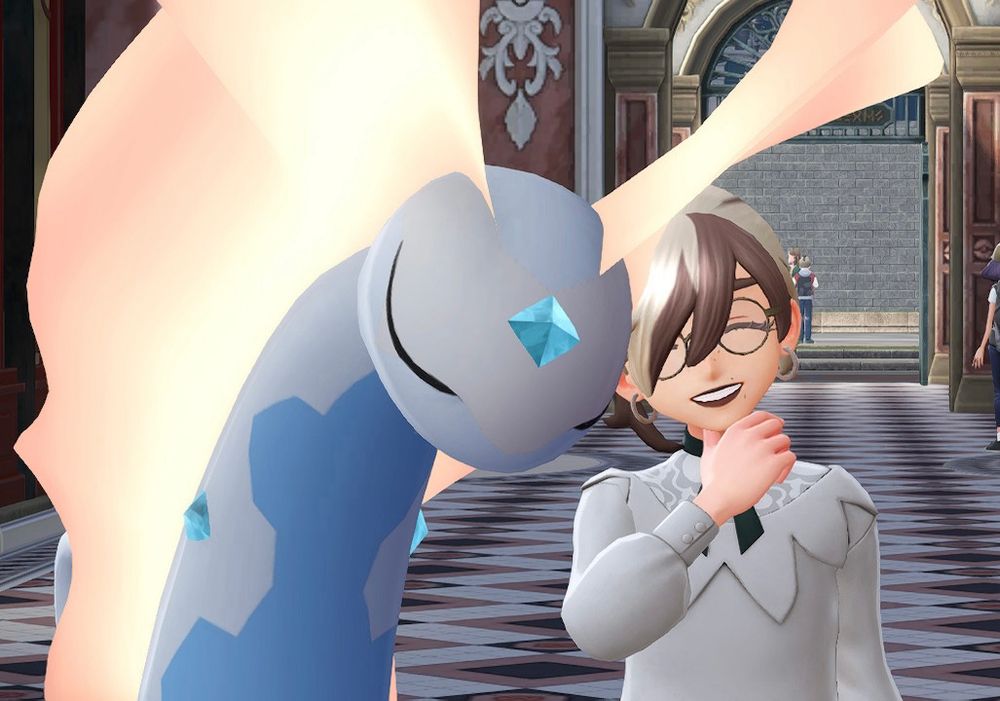 my shiny auroras and my pokemon trainer leaning their heads against each others. auroras’s sails are glowing a soft pink.