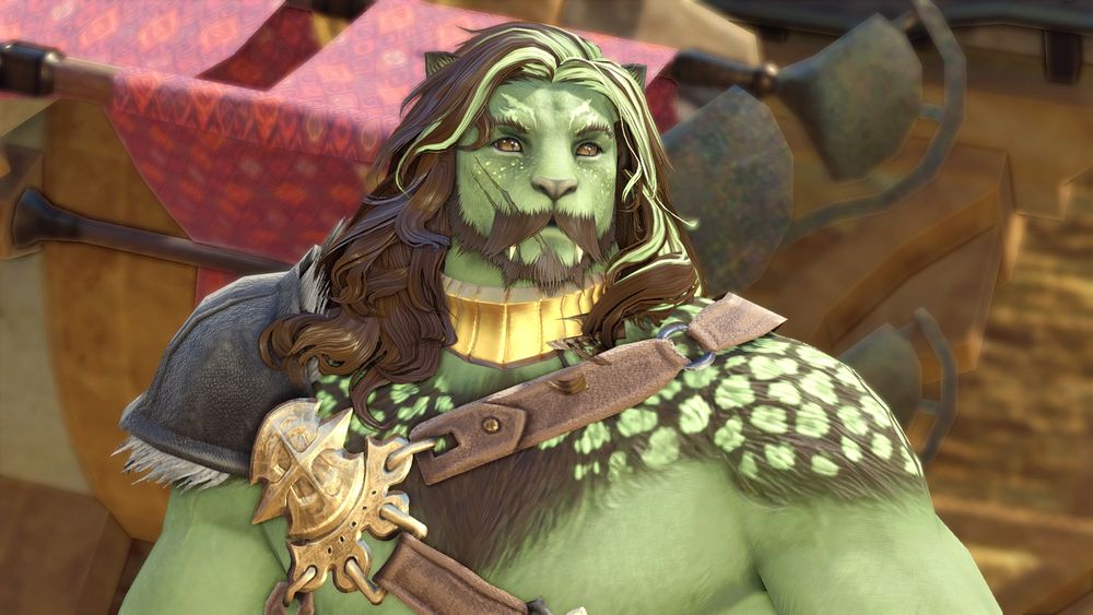 my green and brunette hrothgar with long flowy hair, looking into the camera with a gentle gaze. he has pale green freckles and green streaks in his hair, and he is the most beautiful man I have ever made.