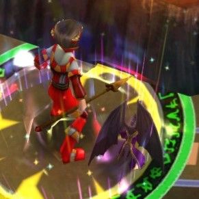 my wizard101 character in battle, next to her very small and normal sized draconian pet.