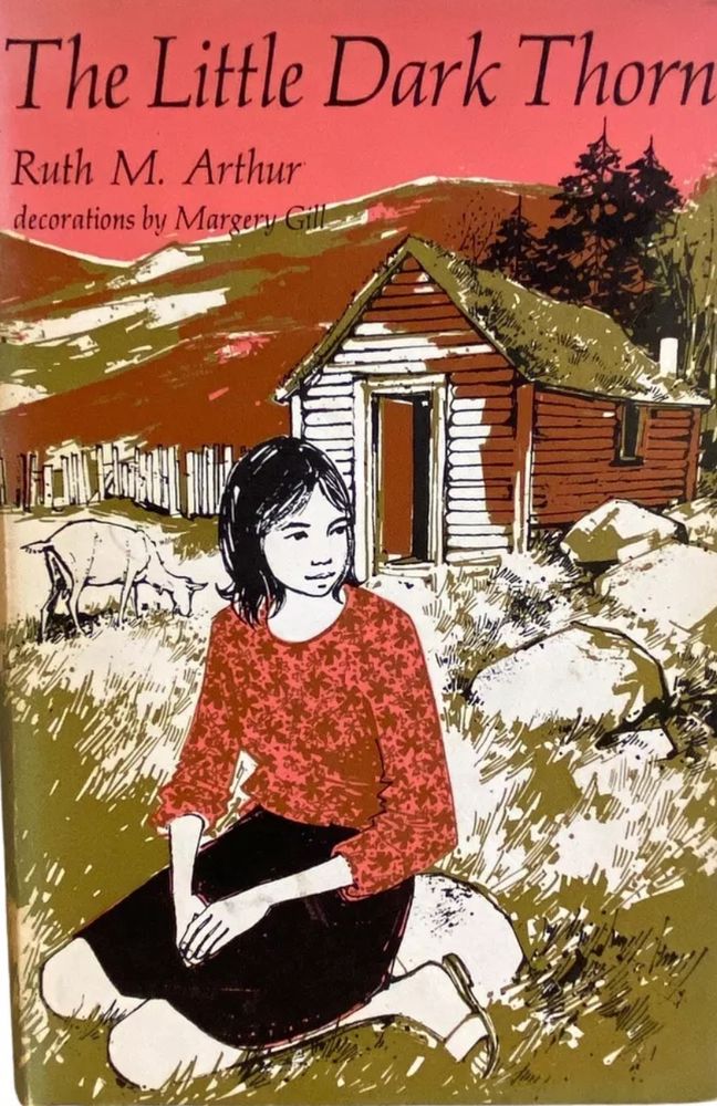 Book cover A Little Dark Thorn by Ruth M. Arthur. Cover art is line drawing of dark haired protagonist sitting in grass with a small house and a goat in the background. 