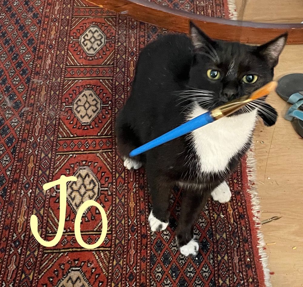 Black and white kitty carrying blue brush handle. Jo written in pale yellow in bottom left corner.