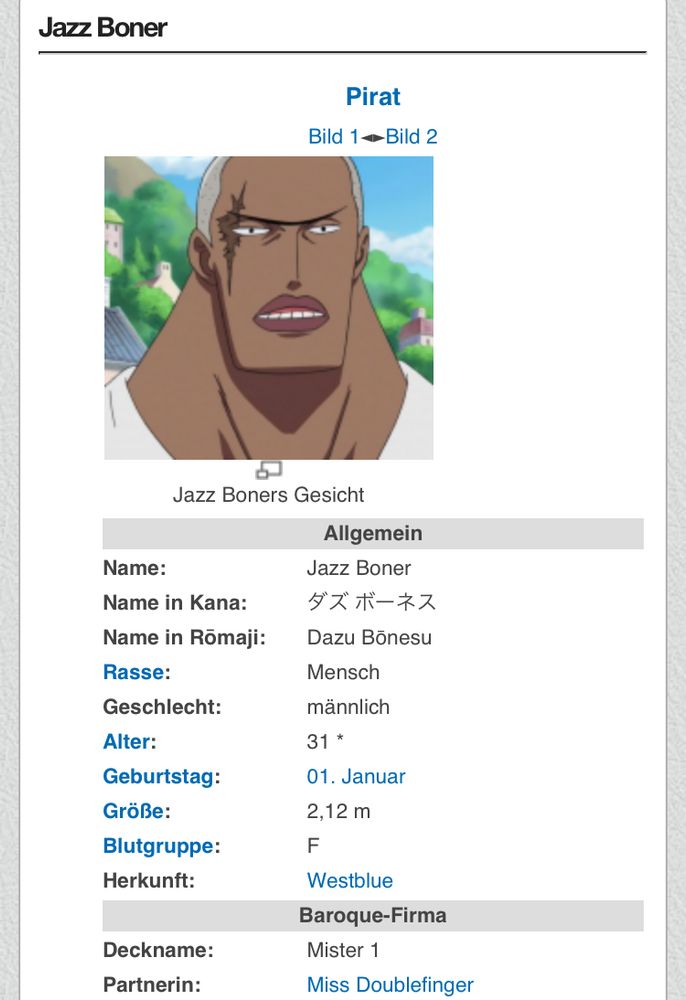 German One Piece Wiki page of Mr.1 Daz Bones who got localized in german as Jazz Boner