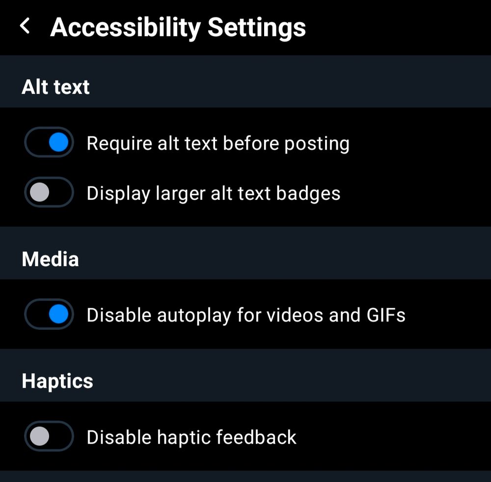 Android BlueSky app Accessibility settings, including "Disable autoplay for videos and GIFs"