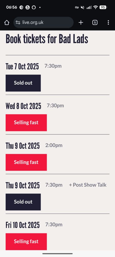 A list of performances showing either Sold Out or Selling Fast