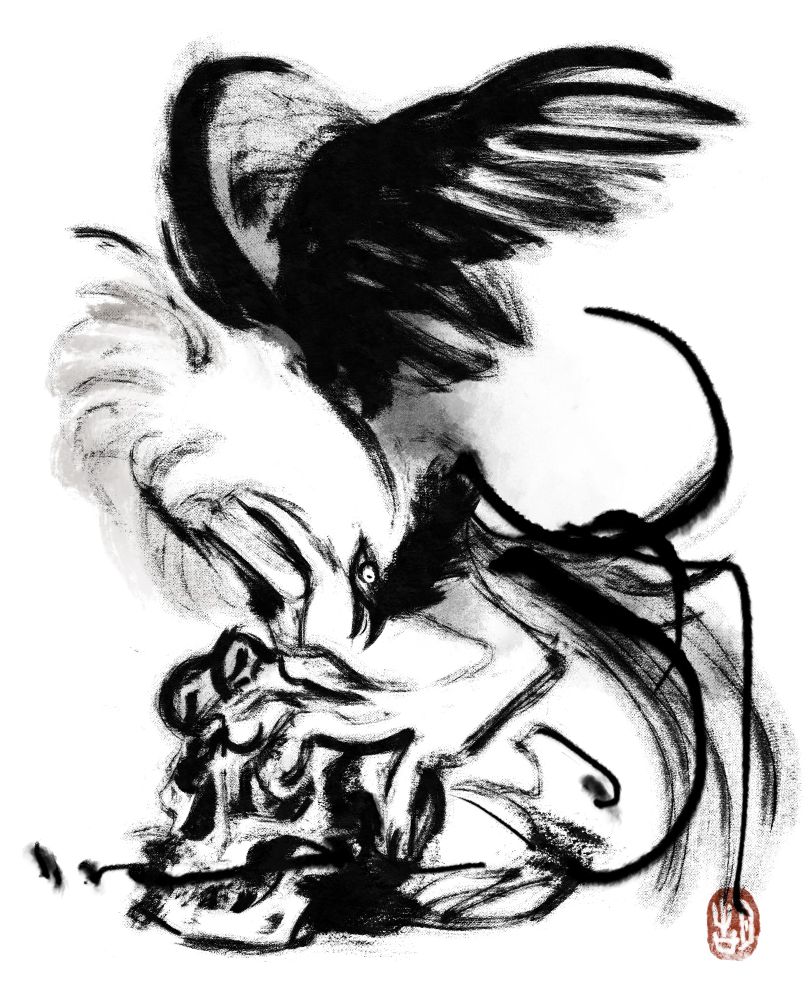 Sumi-e style digital drawing of a rooster-like monster bird with big mouse-like feet and sharp claws standing on a human skull. The bird has long rooster tails as well.