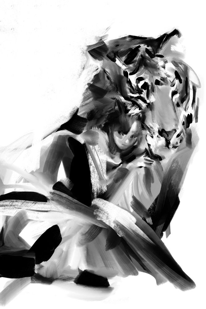 digital drawing (black and white) of a character in some sort of janese maid cafe outfit snuggling with a tiger