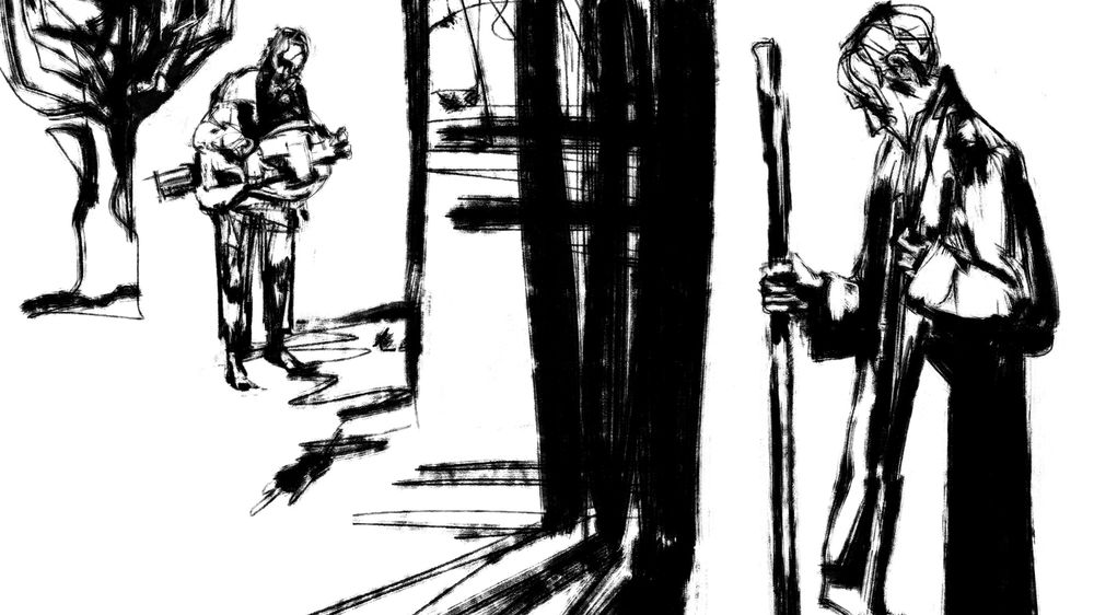 Digital ink illustration of the last song from the Winterreise song cycle, Der Leiermann, showing the narrator (a young man with his walking stick) in the foreground listening to the Hurdy-Gurdy man in the background. Inbetween them is the gate to a village, and a little bit behind the Hurdy-Gurdy man is a tree.