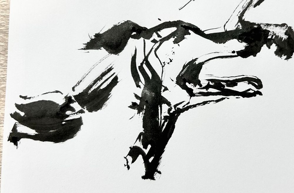 Ink sketch of a dog with open mouth. The brushstrokes are rather loose. I did it with a chinese calligraphy brush. 