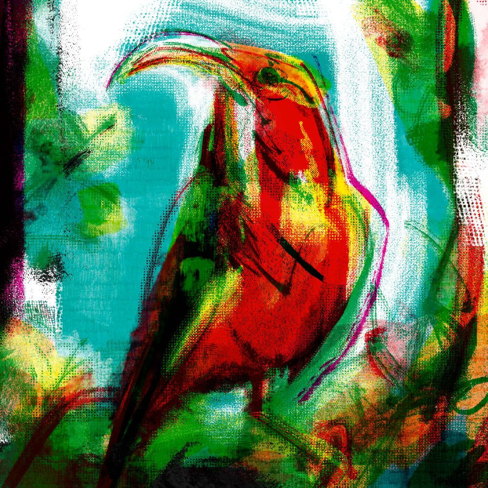 Digital drawing of a ʻiʻiwi (Drepanis coccinea) or scarlet honeycreeper perching among flowers against a blue sky. Its head is tilted to the left, showing off its curve. I used CMYK plus red in the drawing and multiply the layers up to create a risogrpah or screen printing effect.