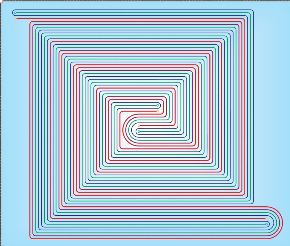 Several lines and closed curves that are red, blue, green and purple swirl about in a mesmerizing fashion to represent a 2-d diagram of a surface that is immersed into 3-d space. The curves are mostly reticulate with some semi-circular ends. And the image sits upon a light blue square. The actual size is about 2 meters by 1.8 meters.