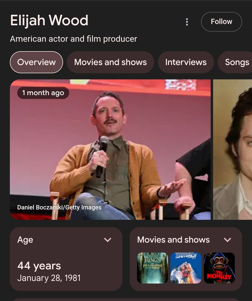 Elijah Wood

American actor and film producer

1 month ago

Daniel Boczarski/Getty Images

Age

44 years

January 28, 1981