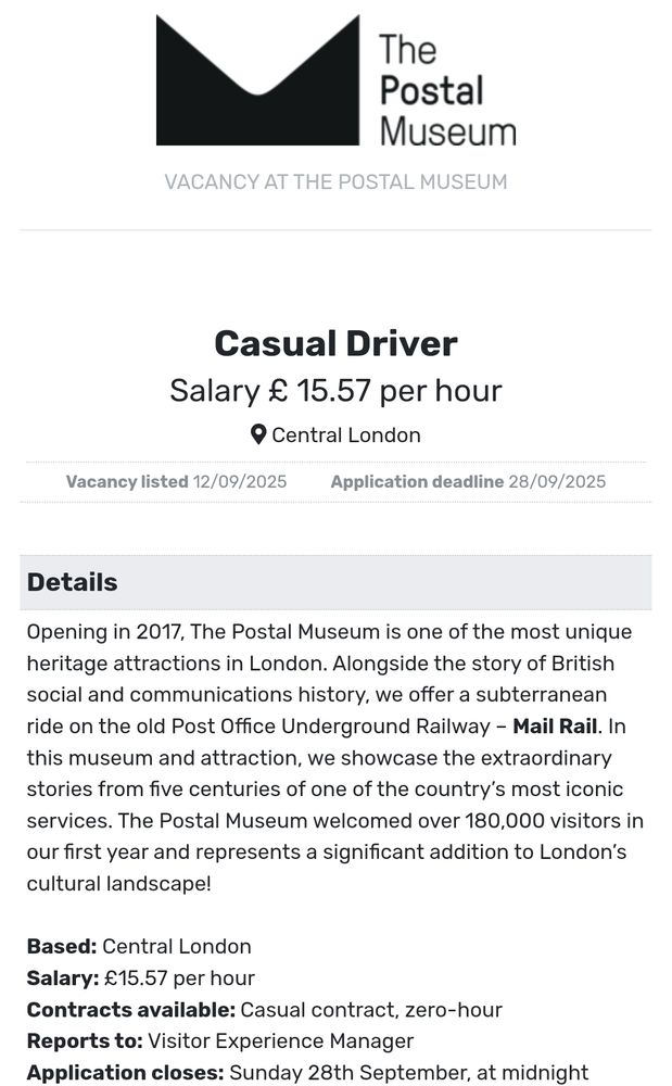 An advert for a casual driver of the Mail train at the post office museum.
