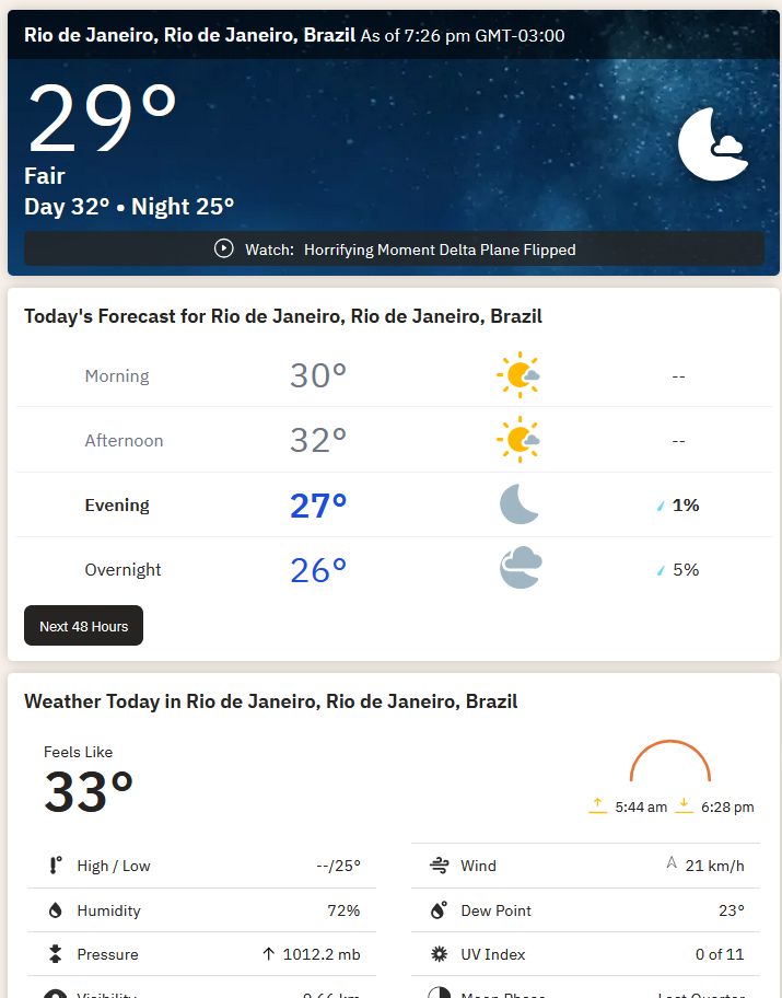 Weather in Rio de Janeiro on 20feb2025, 7:26 pm, 29ºC, feels like 33.