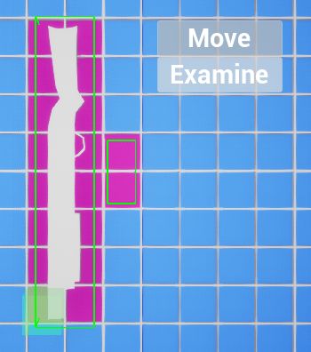 Picture of prototype game assets and UI for the game Admit One. No matter which way the shot gun is rotated the Item Options menu always appears in the same place.