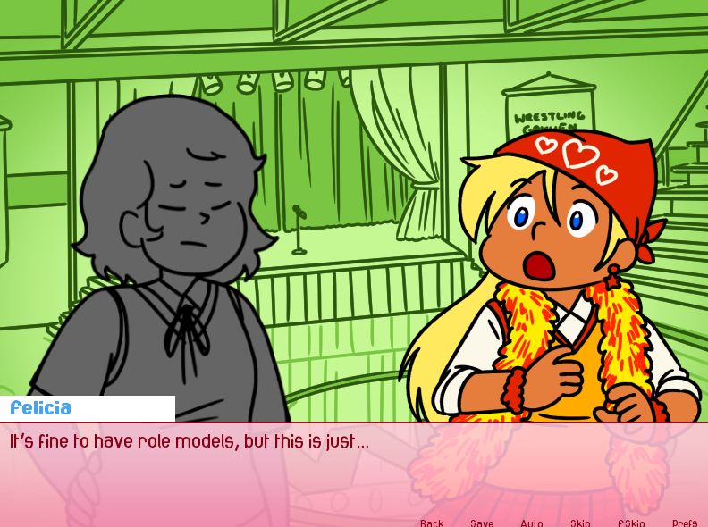 A screenshot from the game Doki Doki Love♥Stomp showing dialogue from Felicia that reads "It's fine to have role models, but this is just..."