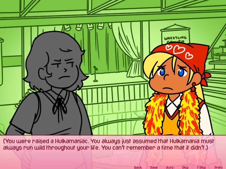 Hulku-chan looks pensive. The text narration reads: "You were raised a Hulkamaniac. You always just assumed that Hulkamania must always run wild throughout your life. You can't remember a time that it didn't."