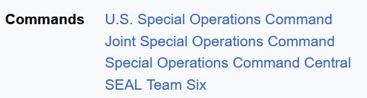 Wikipedia excerpt listing "Commands":

U.S. Special Operations Command
Joint Special Operations Command
Special Operations Command Central
SEAL Team Six