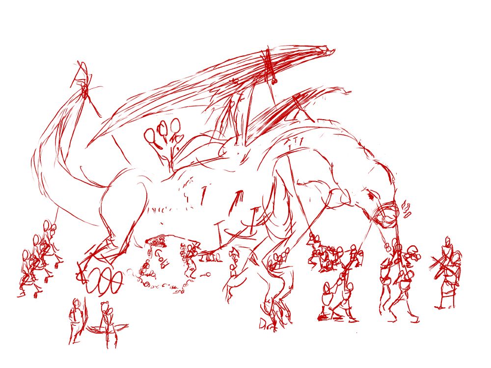 A collection of people wrestling down a dragon through a mixture of ranged weapons, ropes and, now restrained, blades.

We used to slay dragons, and working together, we can again.